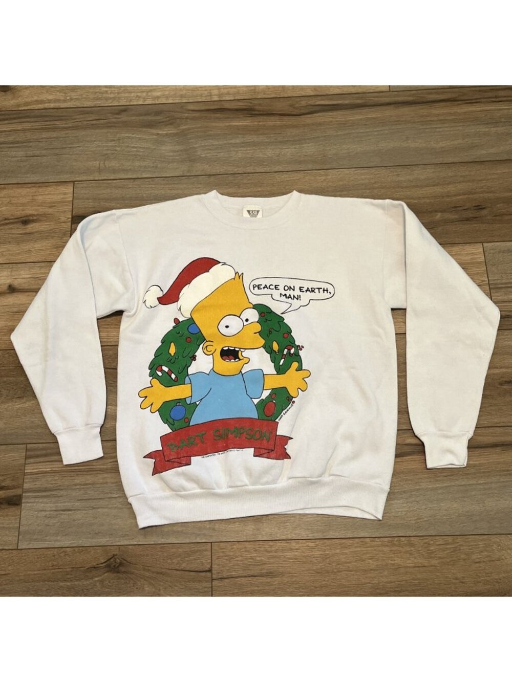 VTG 1990 Bart Simpson Peace On Earth Man Sweatshirt Adult LARGE White Christmas